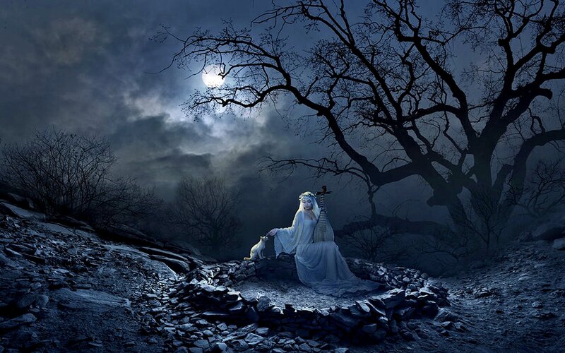 Woman with Lute in Moonlight