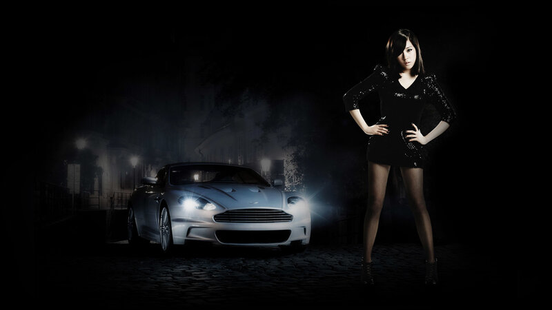 woman with luxury car at night