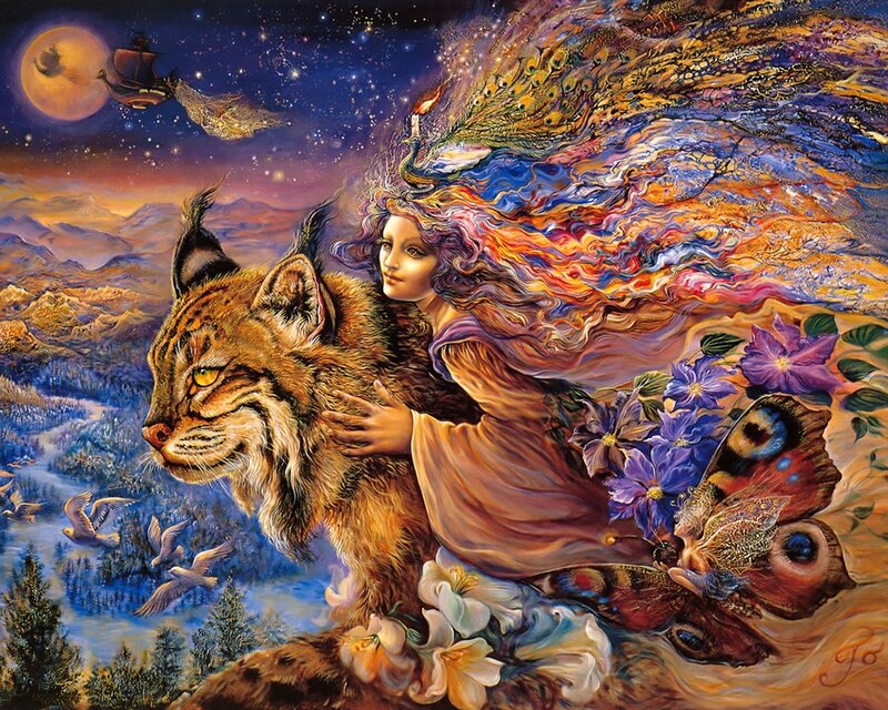 woman with lynx and peacock feathers