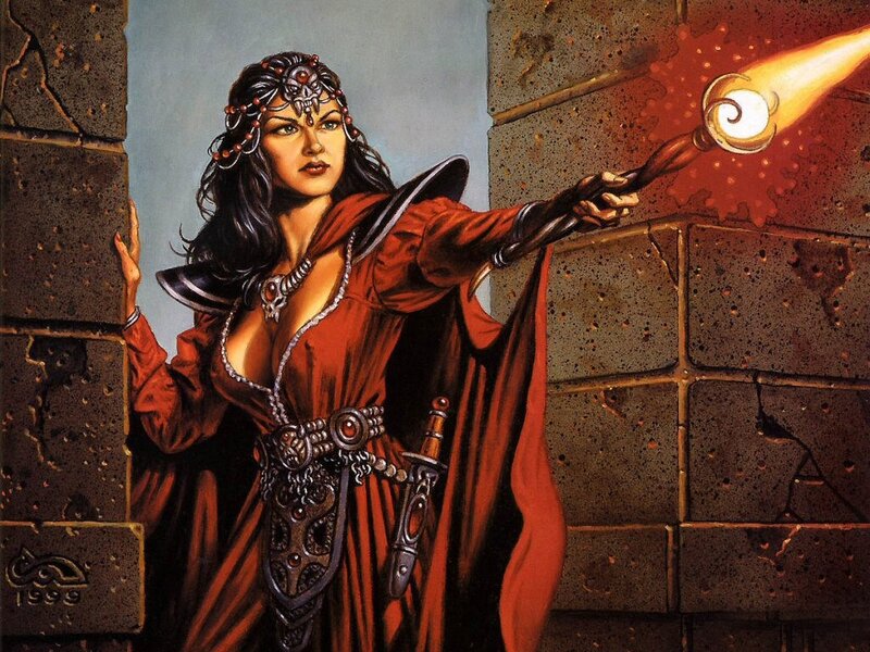Woman with magic staff in dungeon