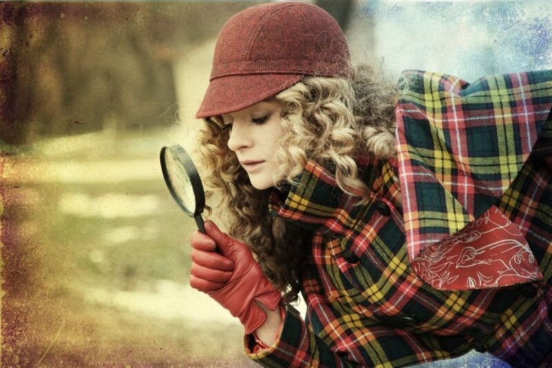 Woman with Magnifying Glass — Red