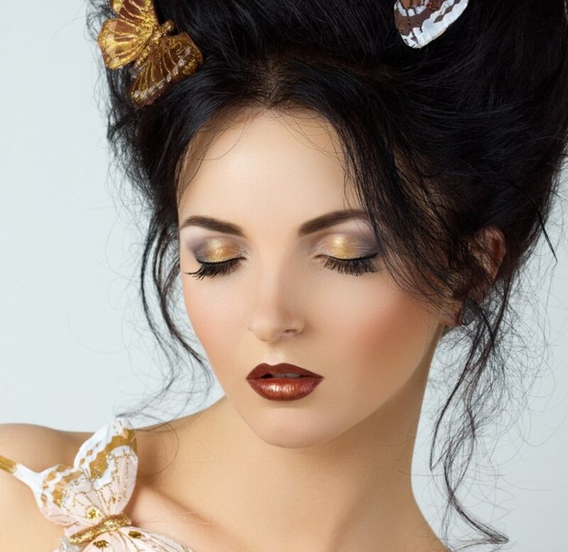 Woman with Makeup — Black, Dramatic, Photograph, Butterfly Hair Accessory
