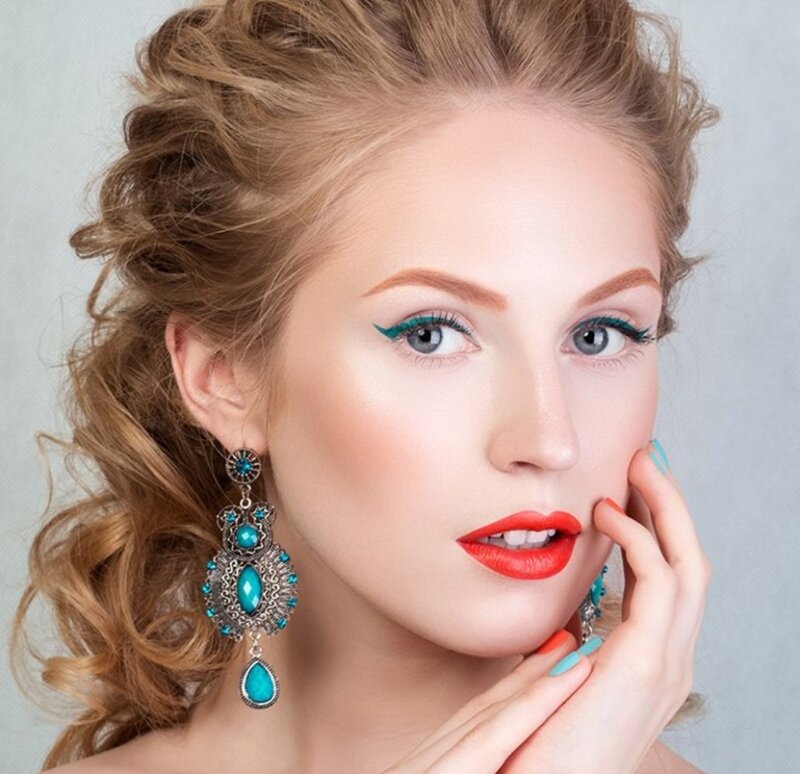 Woman with Makeup — Blue, Dramatic, Photograph, Earrings, Nail Polish
