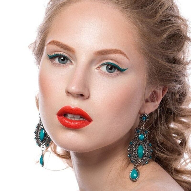Woman with Makeup — Red, Dramatic, Photograph, Earrings