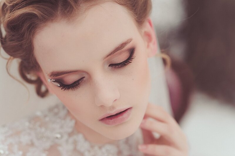 Woman with Makeup — White, Serene, Photograph, Lace Dress