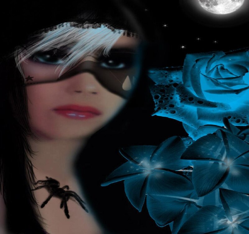 woman with mask and blue flowers