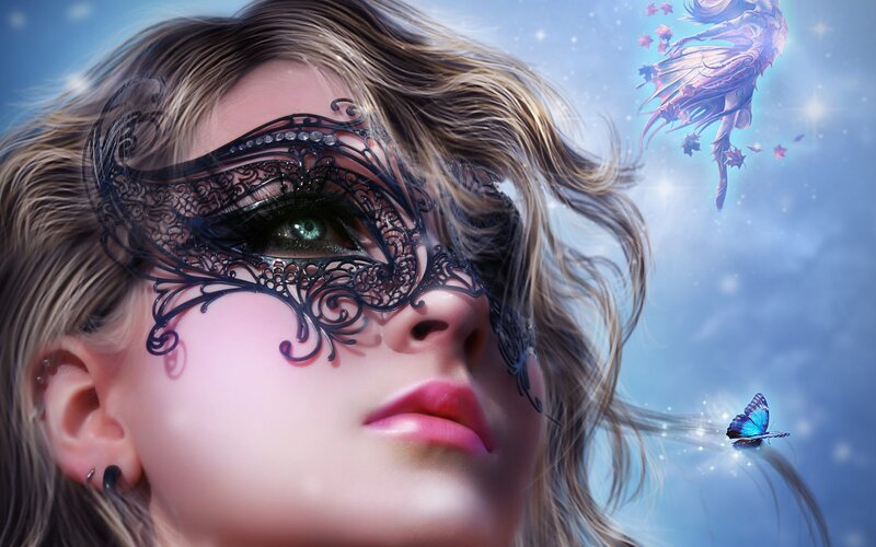 Woman with Mask and Butterfly — Blue