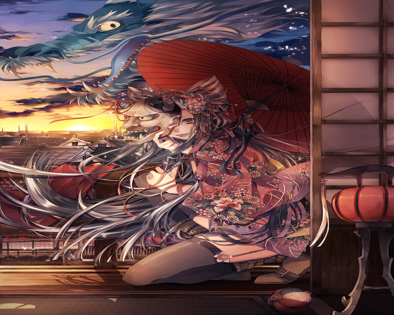 Woman with Mask and Dragon