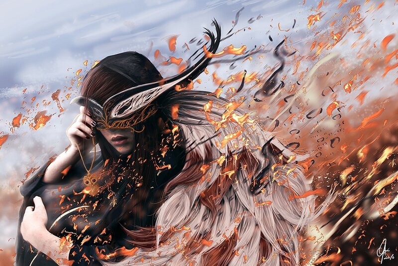 woman with mask and fire