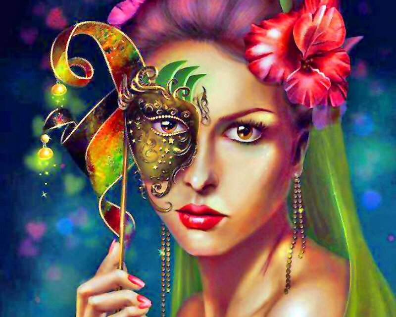 Woman with Mask and Flower — Green