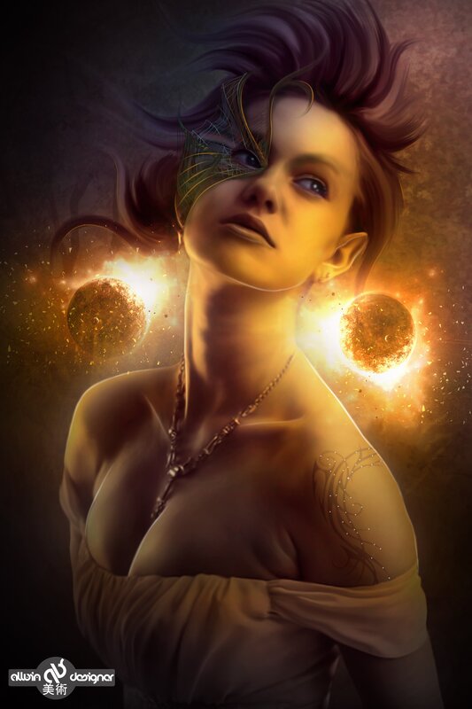 woman with mask and glowing orbs