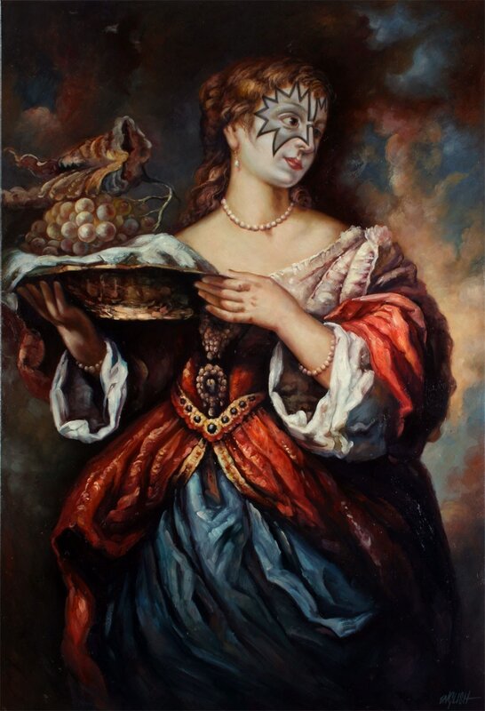 woman with mask and grapes