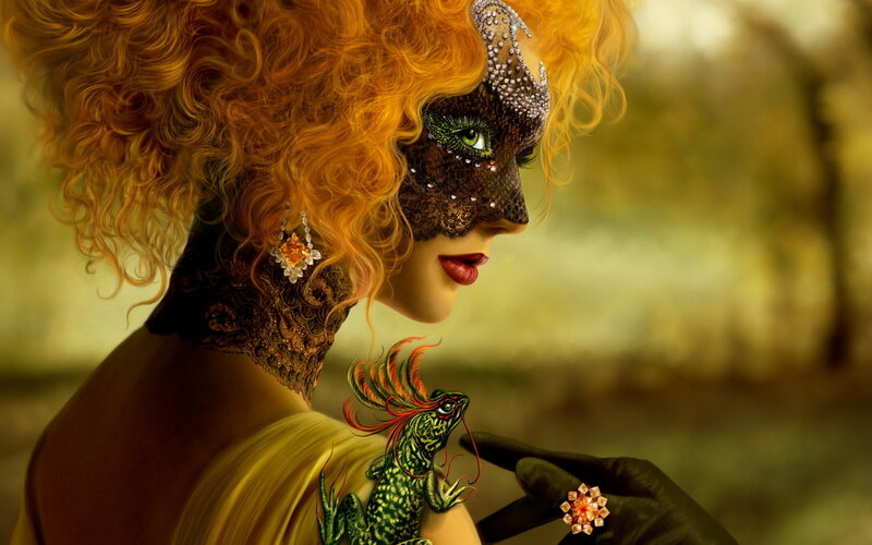 woman with mask and lizard