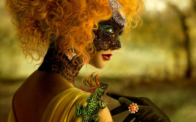 woman with mask and lizard