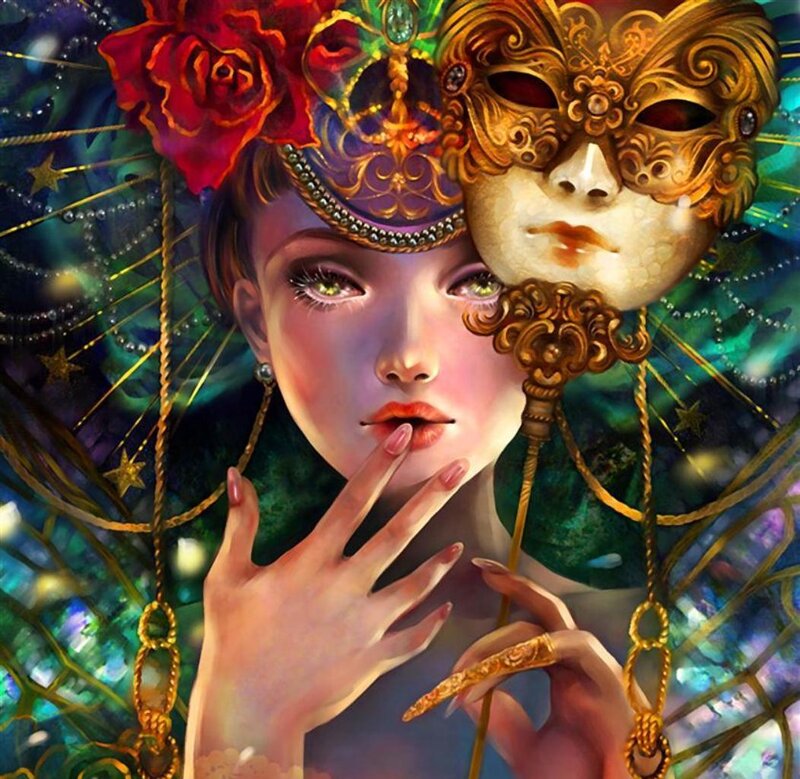 Woman with Mask and Rose — Gold