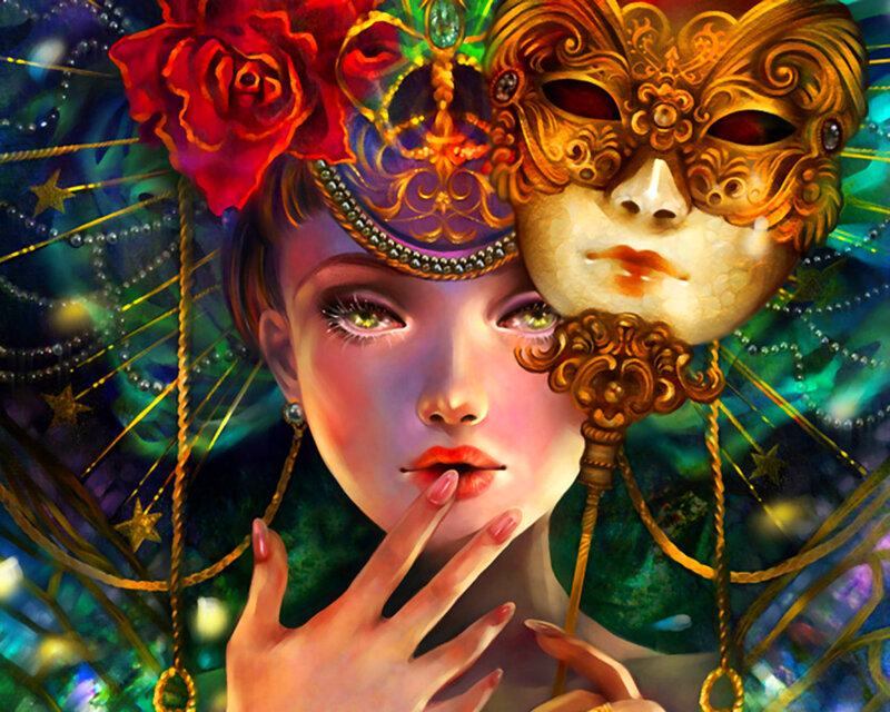 Woman with Mask and Rose — Purple