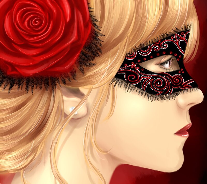 Woman with Mask and Rose — Red, Dramatic, Digital Art