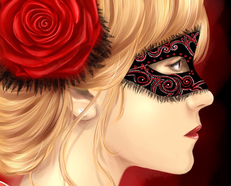 Woman with Mask and Rose — Red, Dramatic