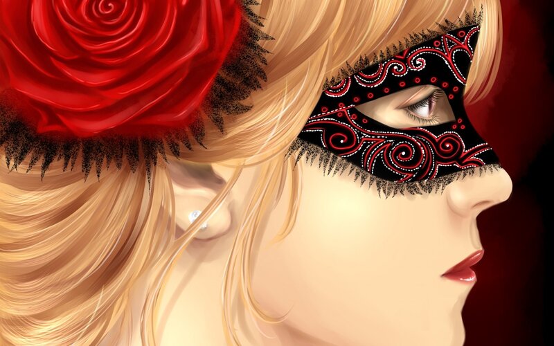 Woman with Mask and Rose — Red