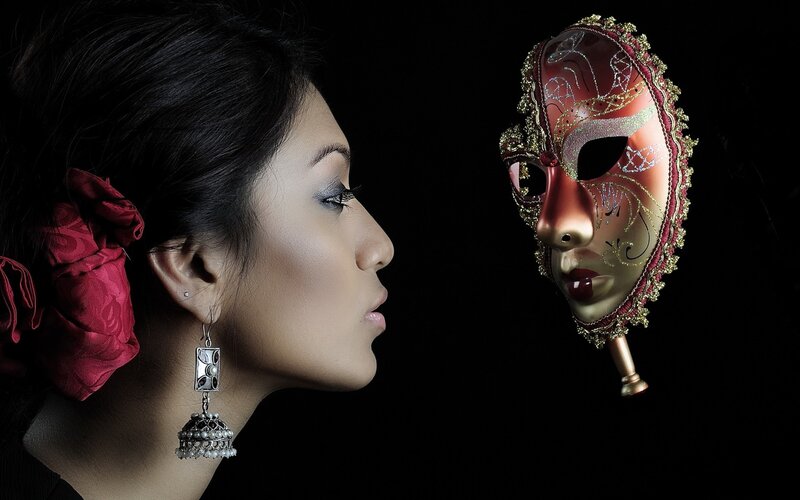Woman with Mask — Black, Dramatic, Photograph, Earring