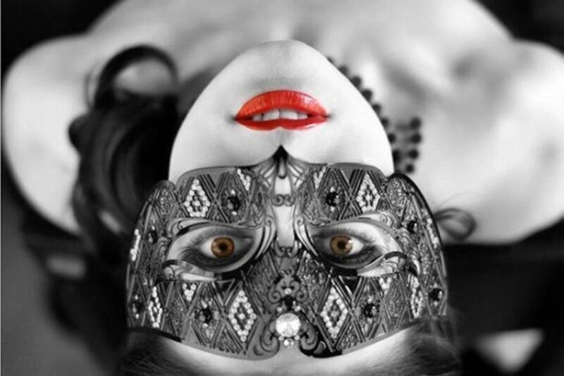Woman with Mask — Black, Dramatic, Photograph, Red Lips