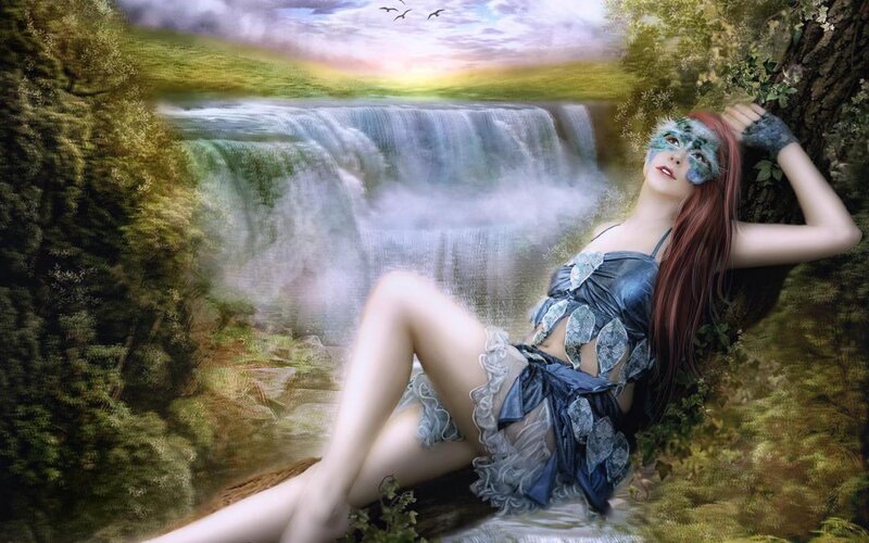 Woman with Mask by Waterfall — Green