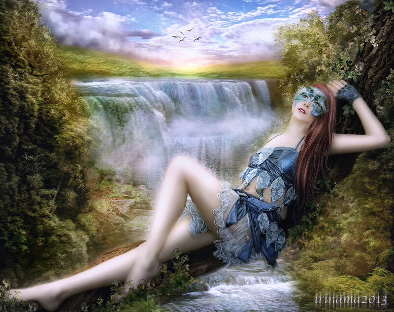 Woman with Mask by Waterfall