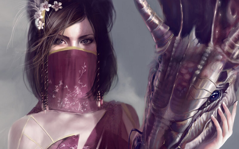 woman with masked face and creature