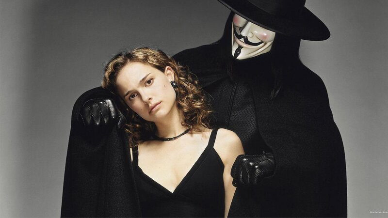Woman with Masked Figure — Black, Dramatic, Photograph, Mask, Black Cloak