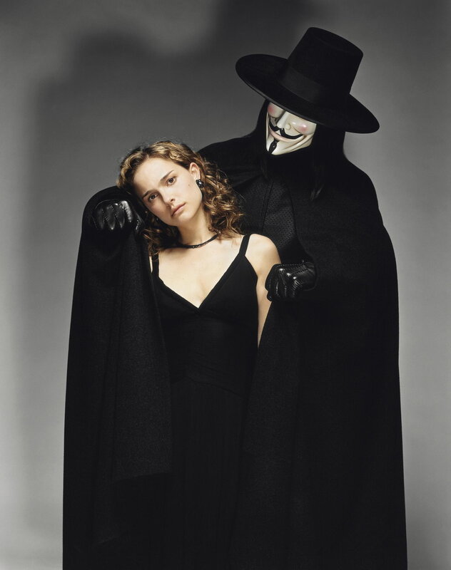Woman with Masked Figure — Black, Dramatic, Photograph, Mask, Cloak, Gloves