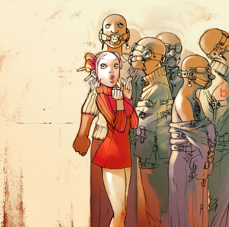 woman with masked figures
