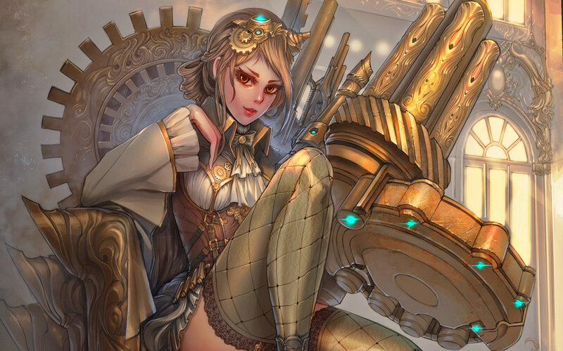 Woman with Mechanical Arm — Brown, Dramatic, Digital Art