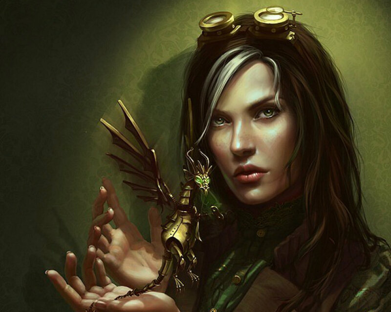 Woman with Mechanical Dragon — Green, Dramatic