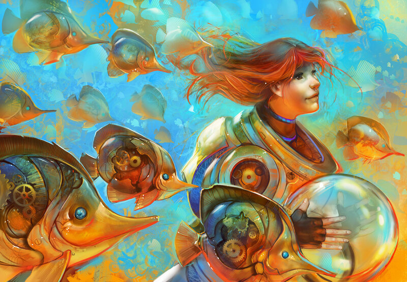 woman with mechanical fish underwater