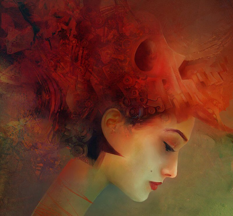 Woman with Mechanical Head — Red