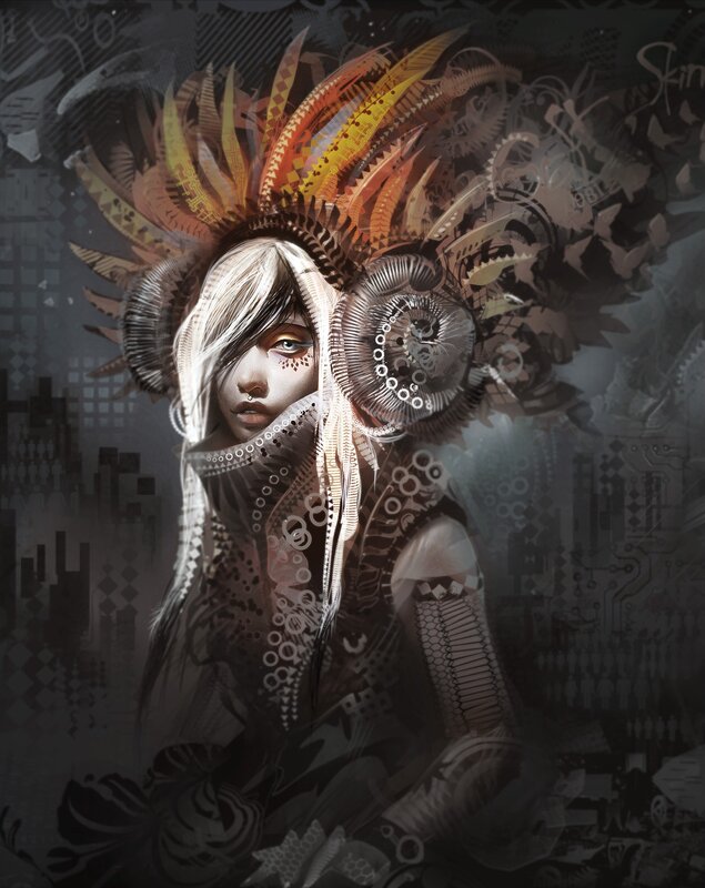 Woman with Mechanical Headdress — Black, Dramatic