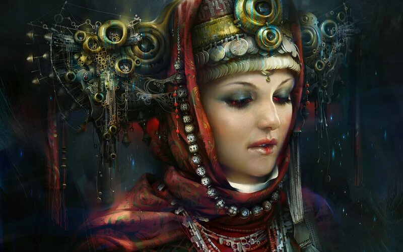 Woman with Mechanical Headdress — Red
