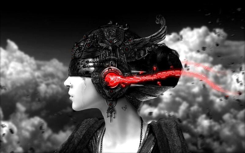 Woman with Mechanical Helmet — Black, Dramatic, Digital Art, Clouds, Music Notes