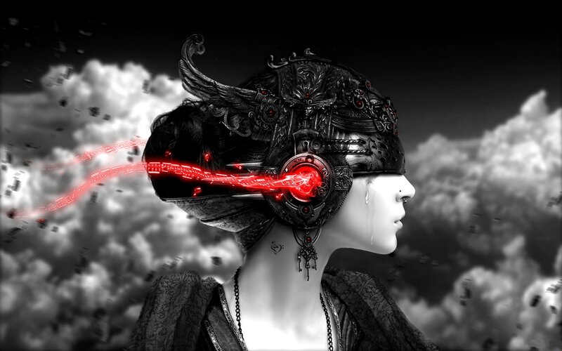 Woman with Mechanical Helmet — Black, Dramatic, Digital Art, Clouds, Tear