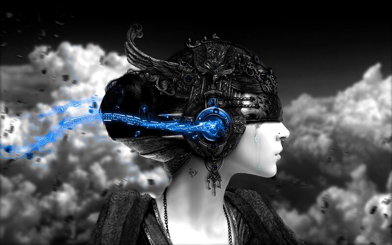 Woman with Mechanical Helmet — Black, Dramatic, Digital Art, Clouds, Tears