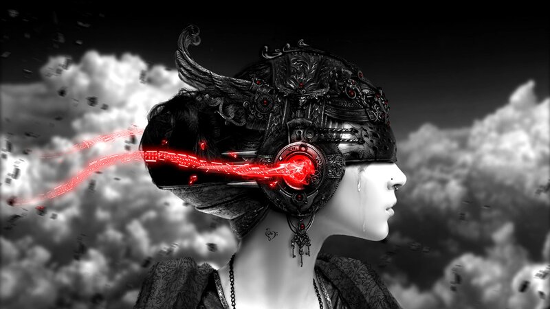 Woman with Mechanical Helmet — Black, Dramatic, Digital Art, Clouds
