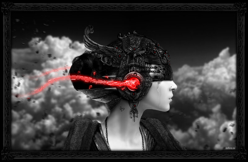 Woman with Mechanical Helmet — Black, Dramatic, Digital Art