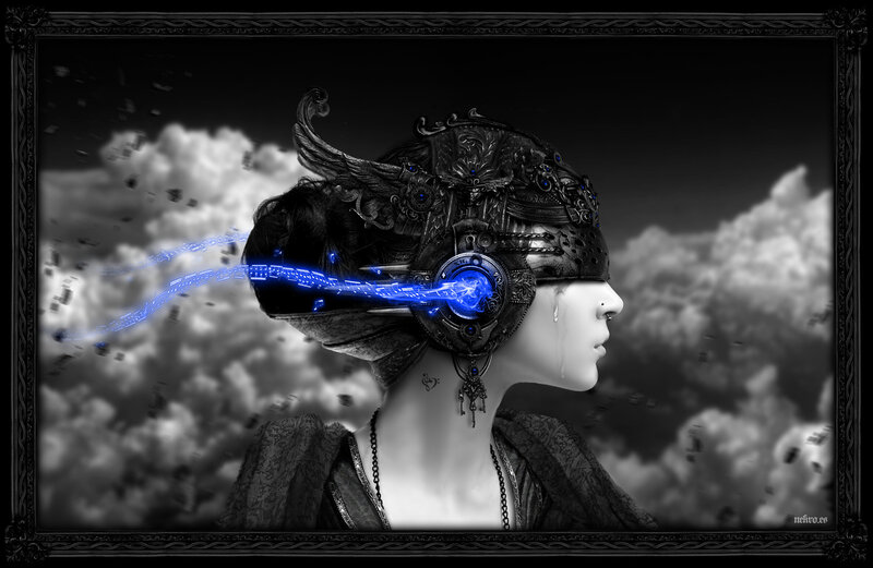 Woman with Mechanical Helmet — Black, Dramatic