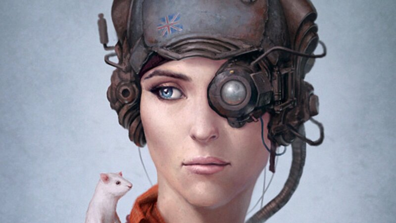 Woman with Mechanical Helmet — Gray