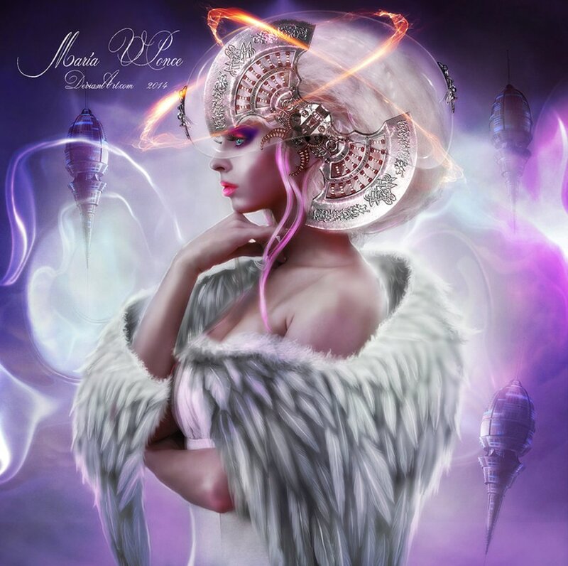 Woman with Mechanical Helmet — Purple, Dramatic