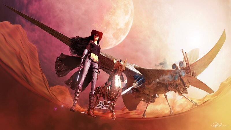 Woman with Mechanical Horse — Red