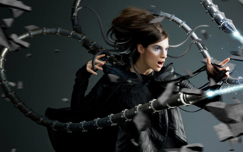 Woman with Mechanical Tentacles — Black, Dramatic, Intense