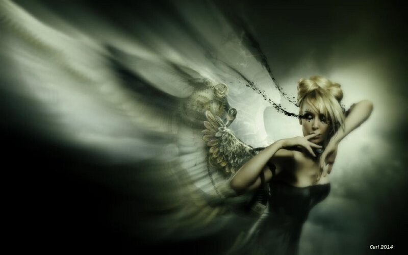 Woman with Mechanical Wings — Black, Dramatic, Digital Art, Blonde Hair