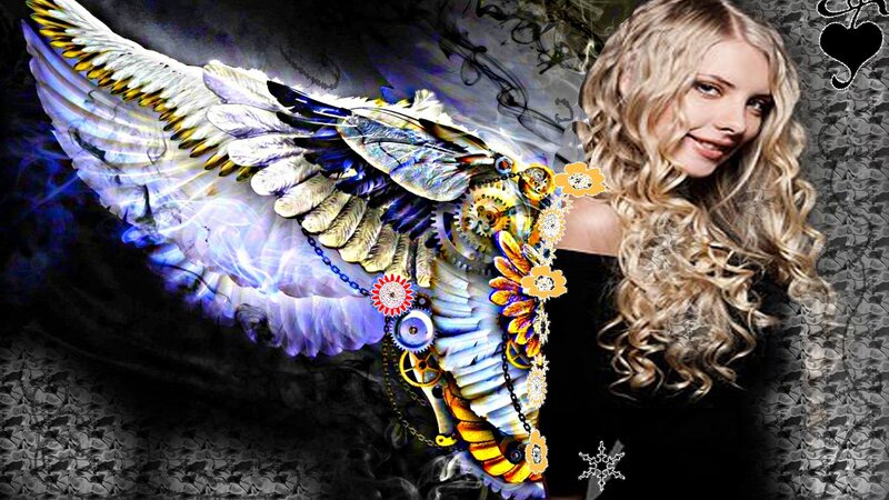 Woman with Mechanical Wings — Black, Dramatic, Digital Art, Gears, Flowers