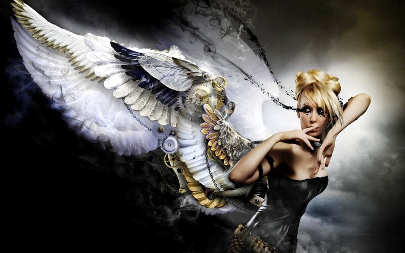 Woman with Mechanical Wings — Black, Dramatic, Digital Art, Gears